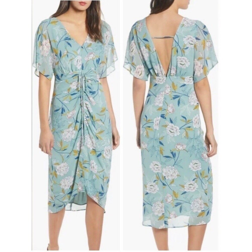 Leith Lined Ruched Dress Women’s M Pastel Green Floral Coquette Festival New